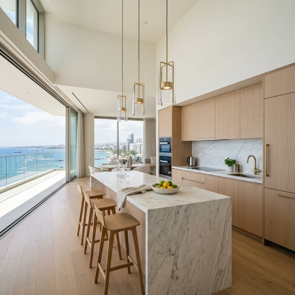 Premium modern kitchen with marble countertops in a luxury Cyprus rental property