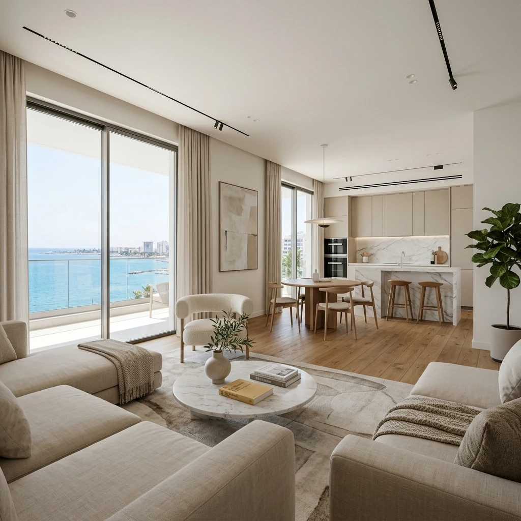 Modern minimalist living room in a premium BCosland rental apartment in Limassol, Cyprus