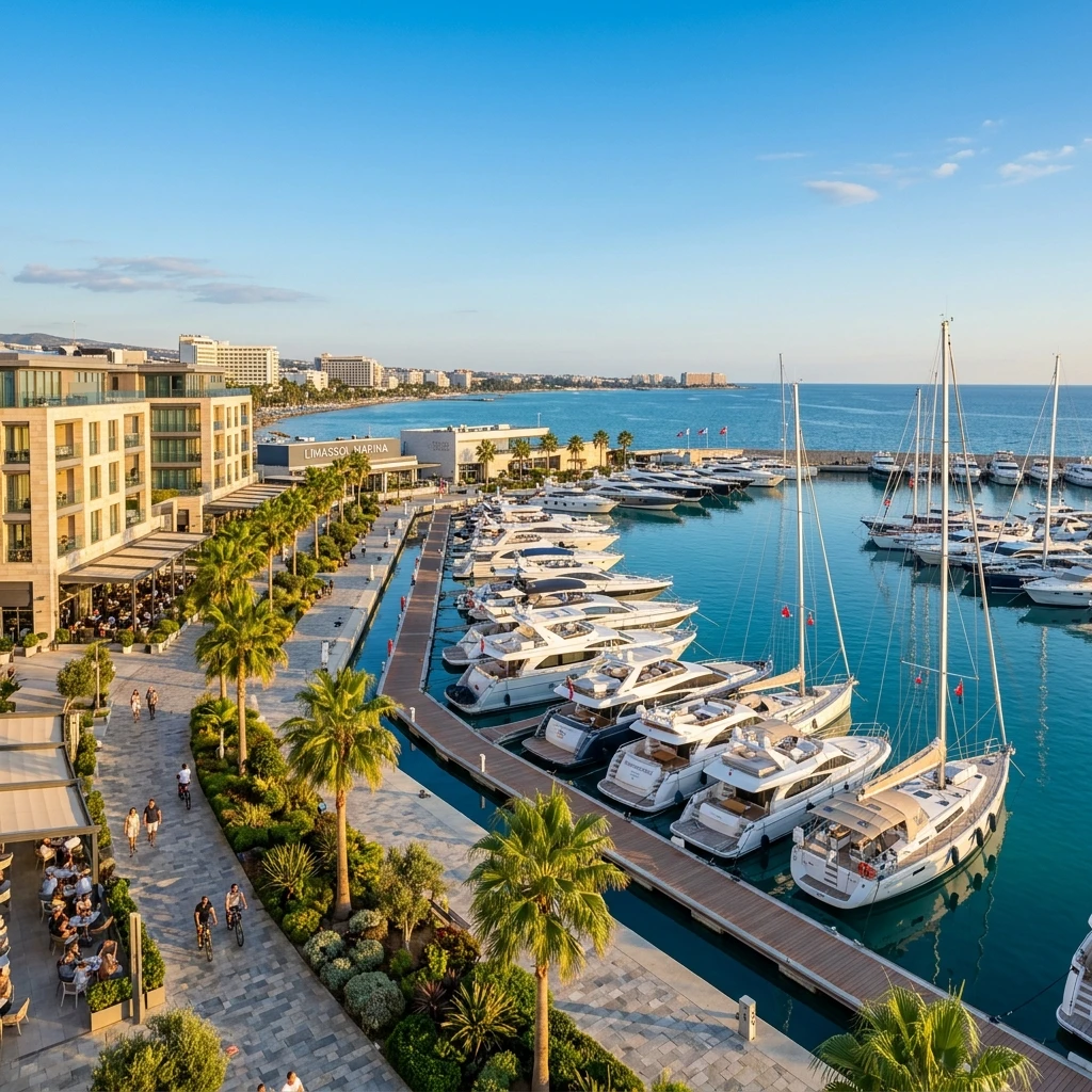 Limassol marina and Mediterranean Sea coastline — luxury living in Cyprus