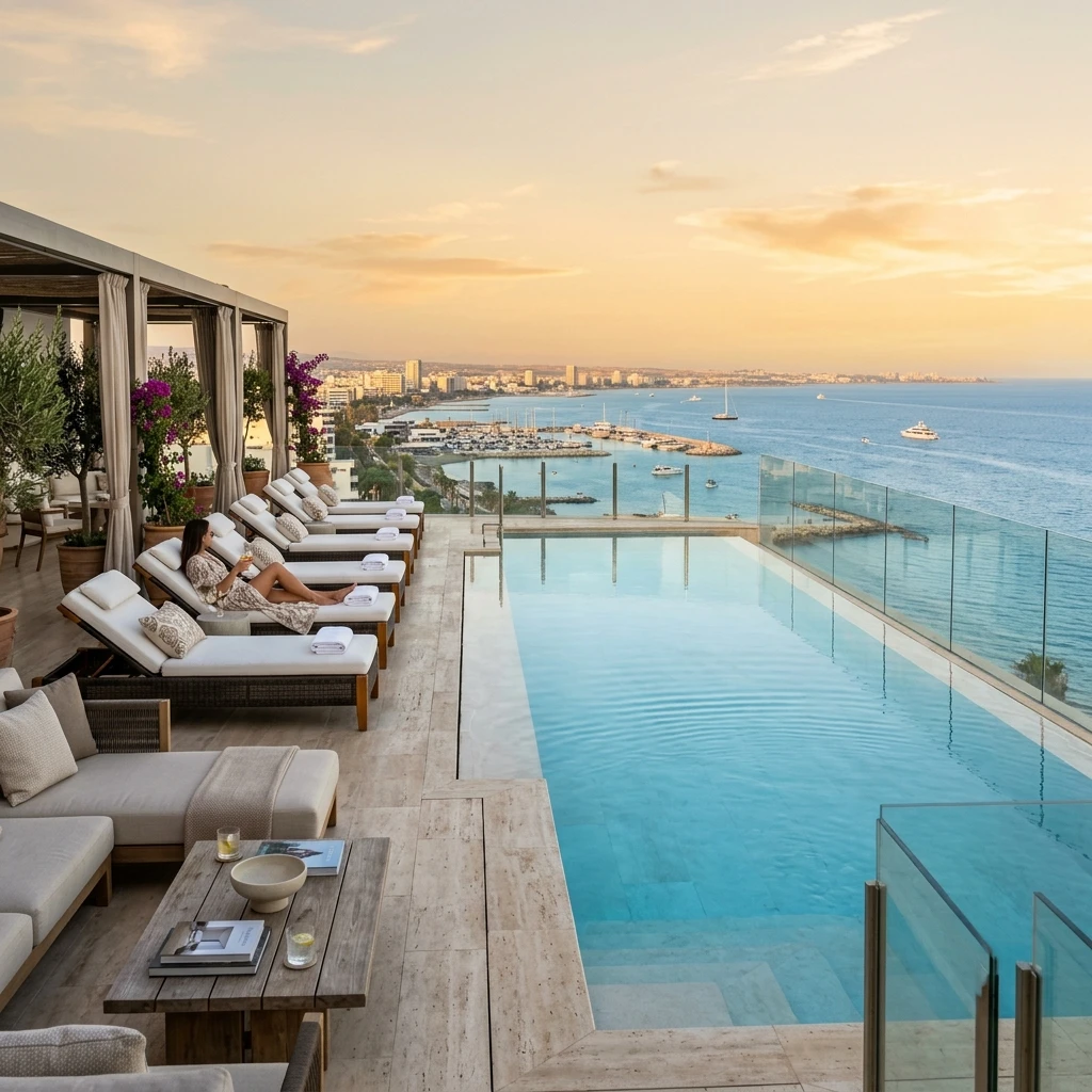 Luxury rooftop pool and terrace with Mediterranean view